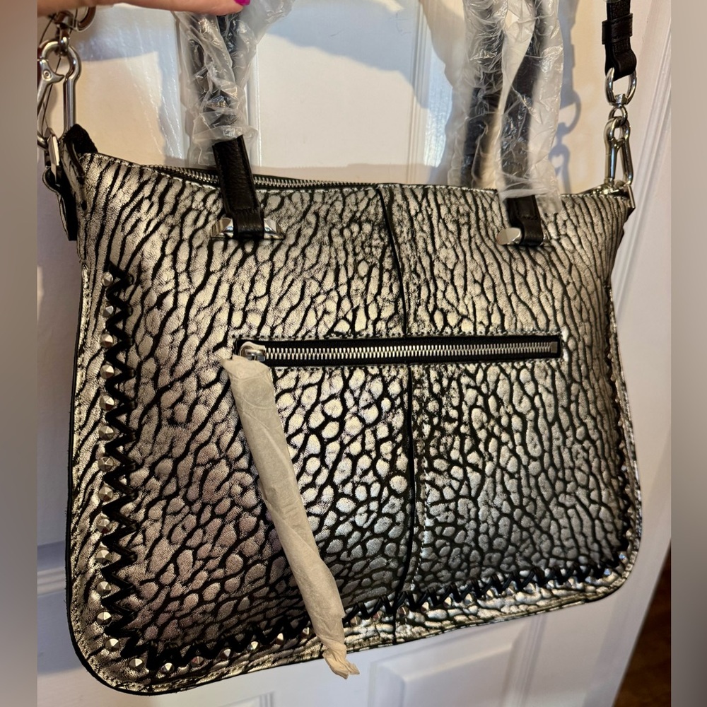 orYANY Silver & Black Embossed Leather Suede Top-Handle Crossbody Bag Large NWT - Picture 2 of 13